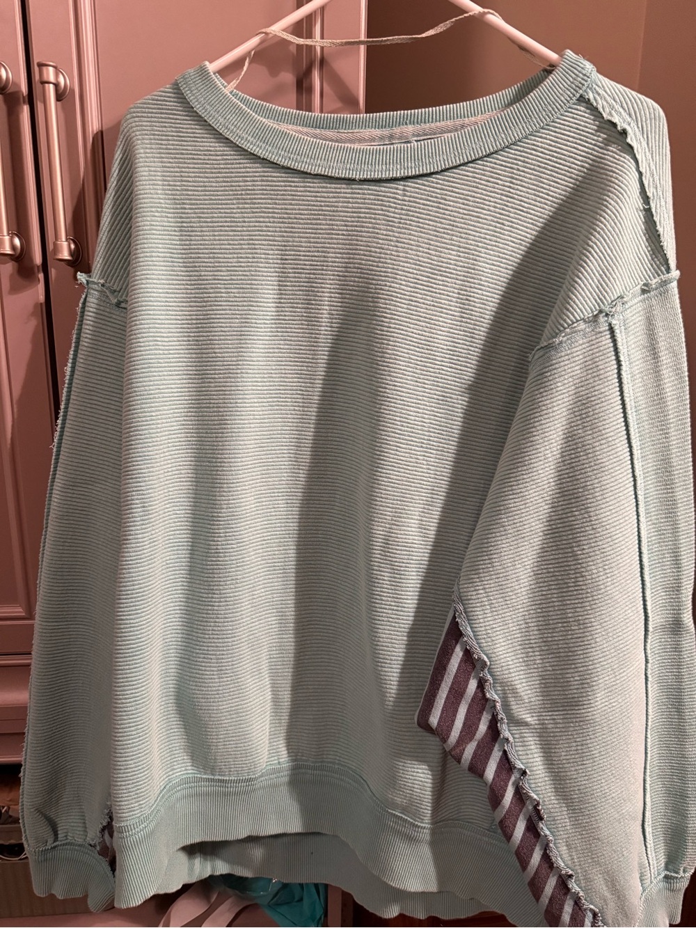 Free People Seafoam Ribbed Pullover with Striped Sleeve Accent